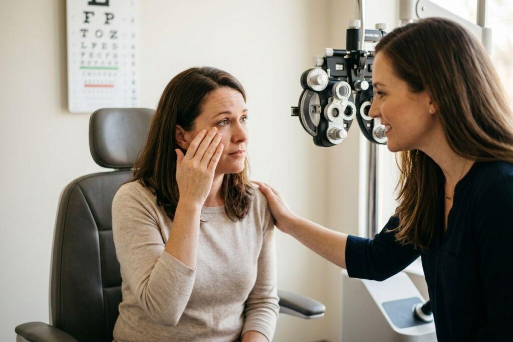 A person gently touching their closed eye, showing signs of irritation and discomfort while blinking.