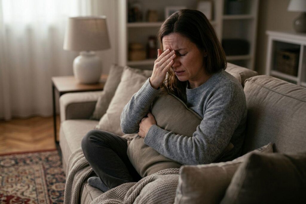 Adult sitting on a couch holding their eyes, struggling with eye pain.