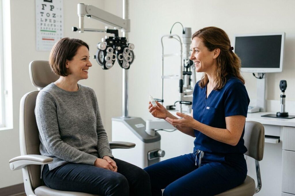 Optometrist holding eye drops and chatting with a patient about eye care.