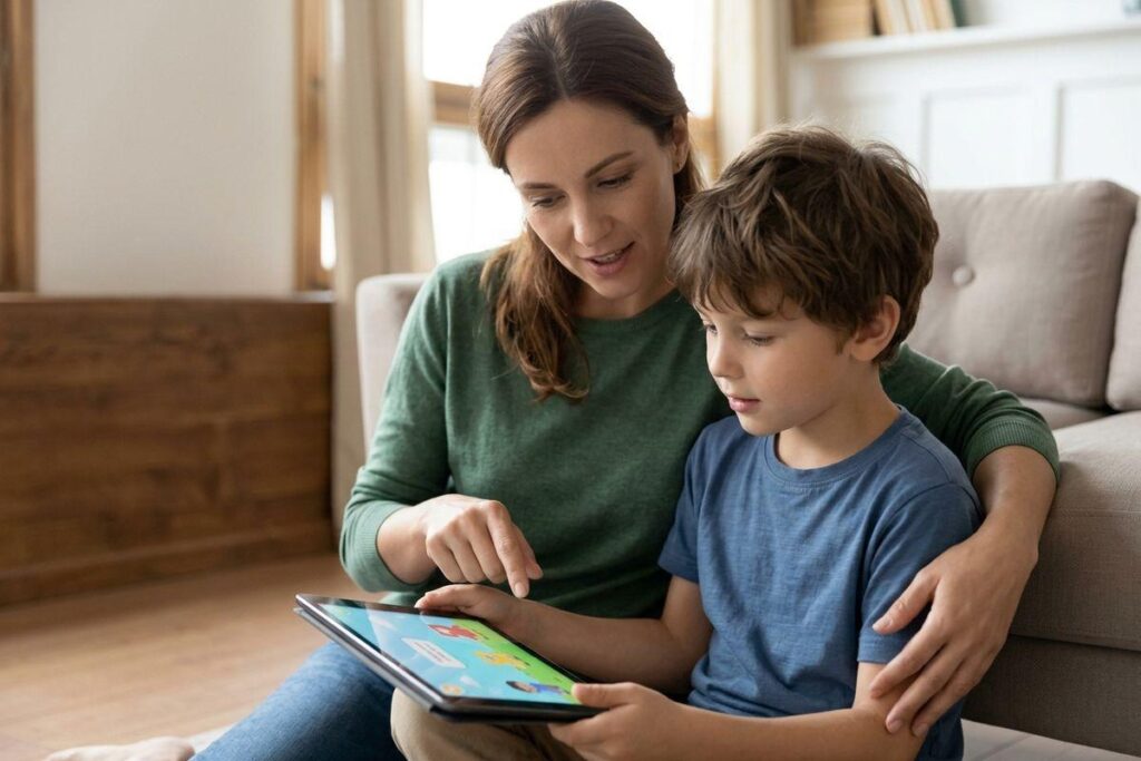 A child holding and looking closely at a bright digital tablet screen.