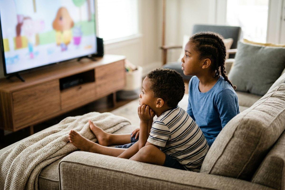 Children looking at a television screen.