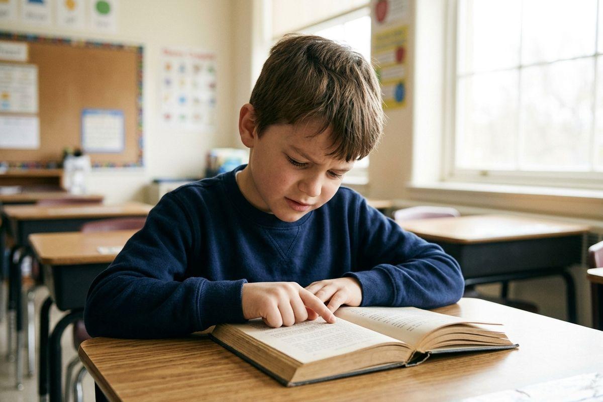 A child at a classroom desk reading a book, pointing at the text with focused expression.