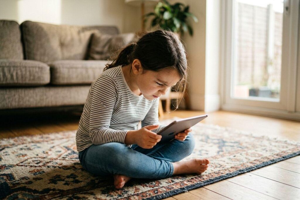 A child sitting cross-legged on a rug, frowning while looking closely at a tablet in a living room.