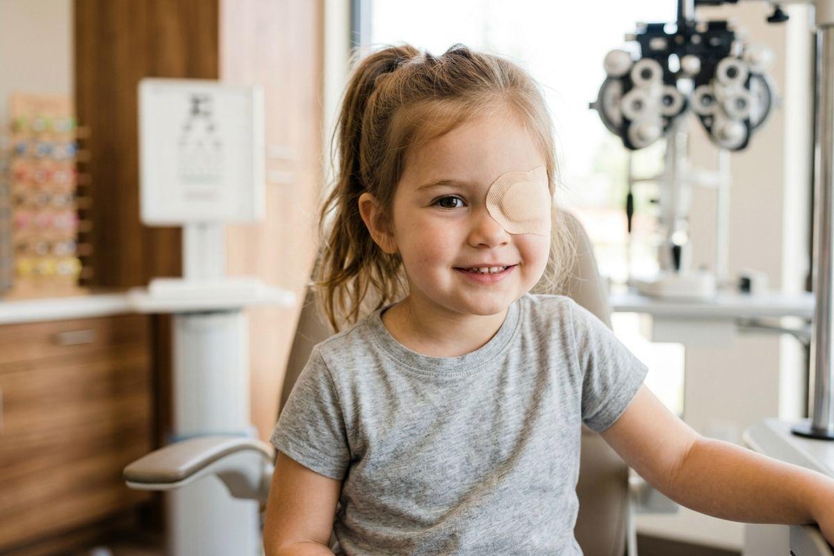 A smiling child with an eye patch over one eye, sitting in an optometrist's exam room near a phoropter and eye chart.