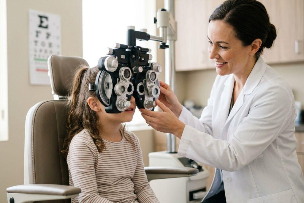 An optometrist adjusting a phoropter for a smiling child during an eye exam, with an eye chart on the wall.