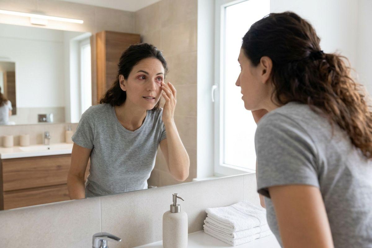 A person examining a reddened eye in a bathroom mirror, touching cheek below the eye.