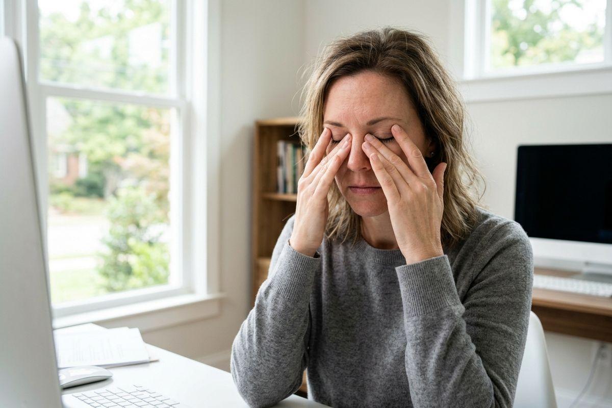 A person in gray sweater rubbing both eyes while sitting at a desk with a computer near a window.