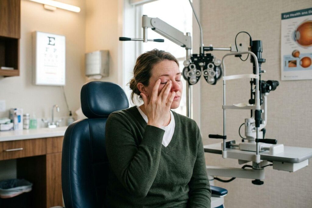 A person rubbing their eye while seated in an optometrist's exam chair beside eye testing equipment.