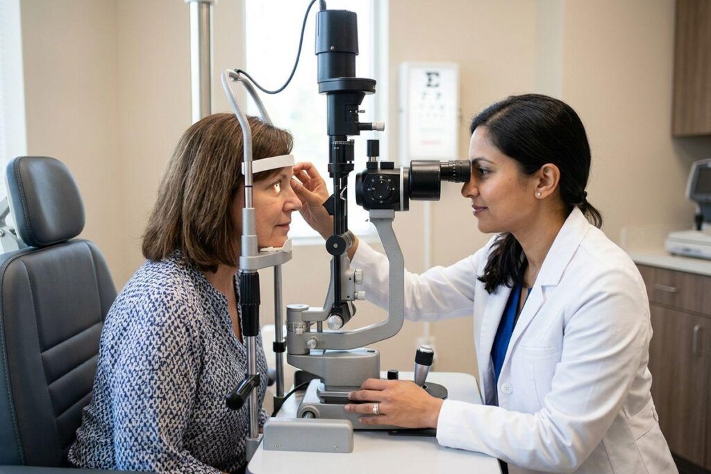 An optometrist examines a patient's eye using a slit lamp during an eye exam, with an eye chart on the wall behind.