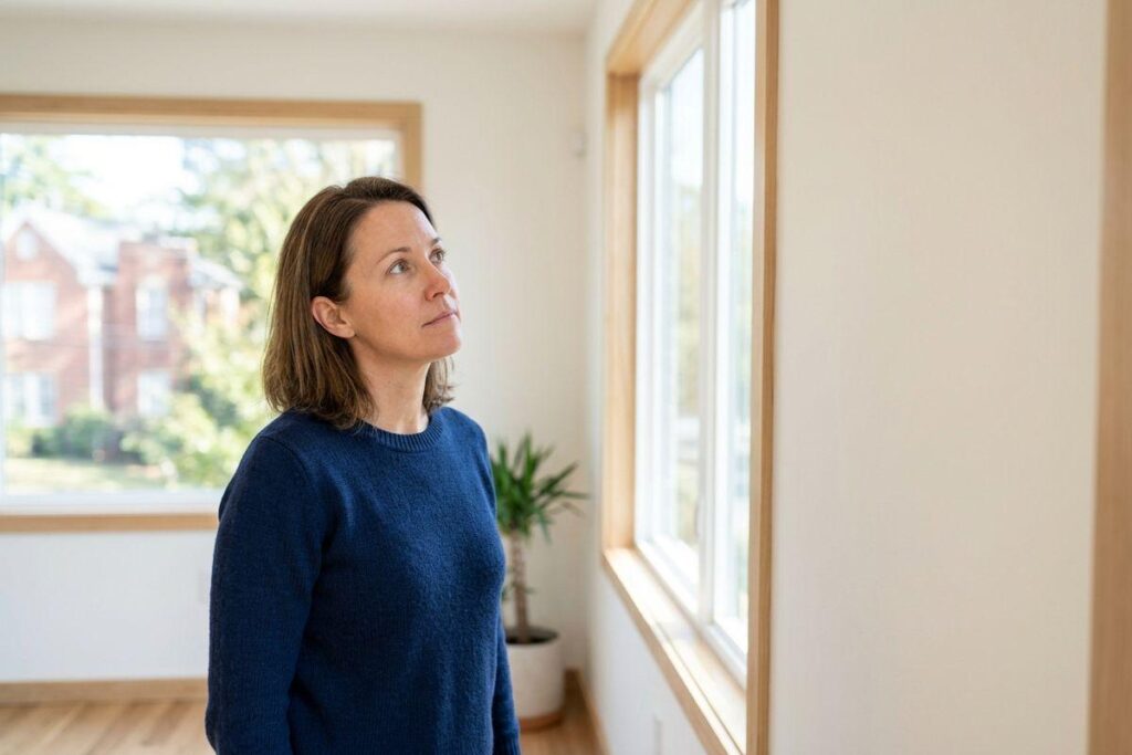 A person in a blue sweater stands in an empty room, looking up toward a large window.