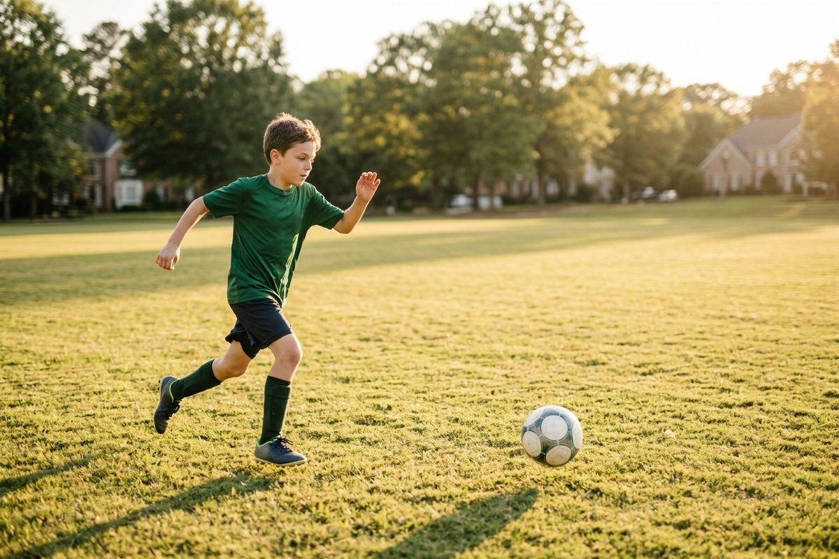 Child in a green shirt and dark shorts running toward a soccer ball on a sunlit grass field, with trees and houses behind.