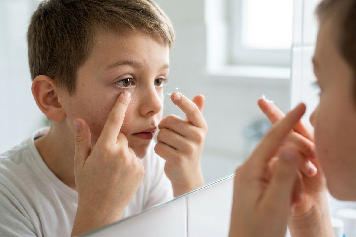 Child inserting a contact lens, holding the lower eyelid down while looking into a bathroom mirror that reflects their face and hand.