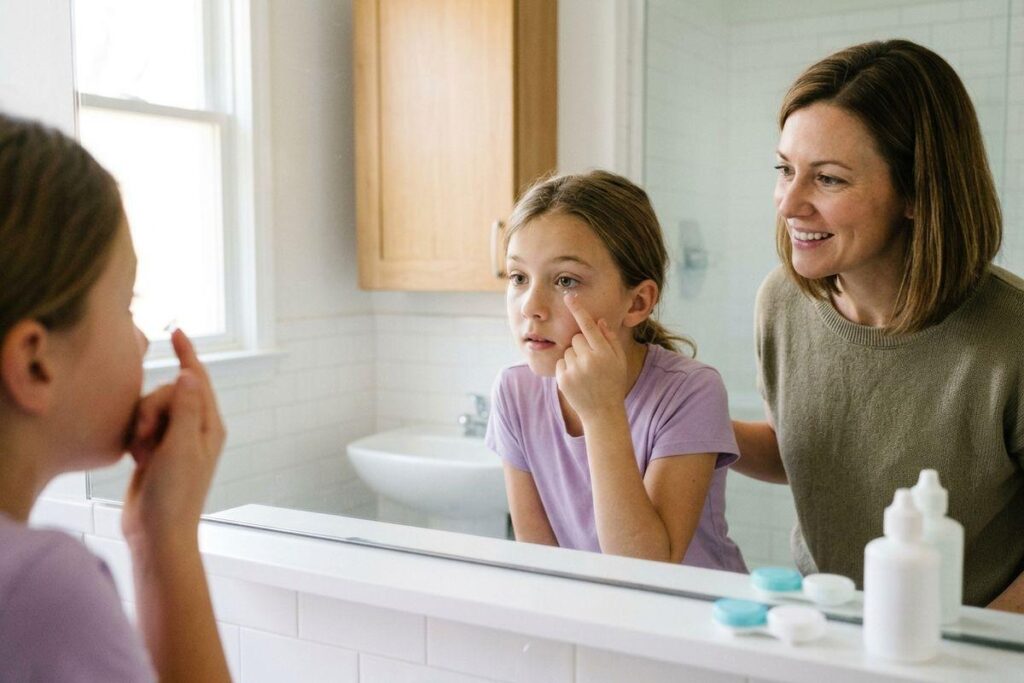 Child inserts a contact lens while looking in a bathroom mirror as a smiling adult watches; lens cases and solution bottles on the counter.