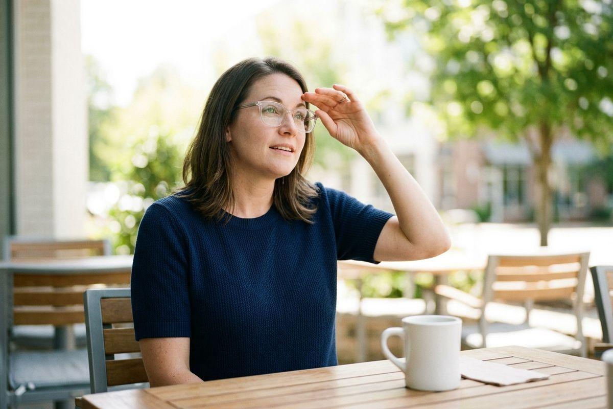 Person in glasses and navy top sits at an outdoor café table with a white mug, hand near forehead, looking into the distance.