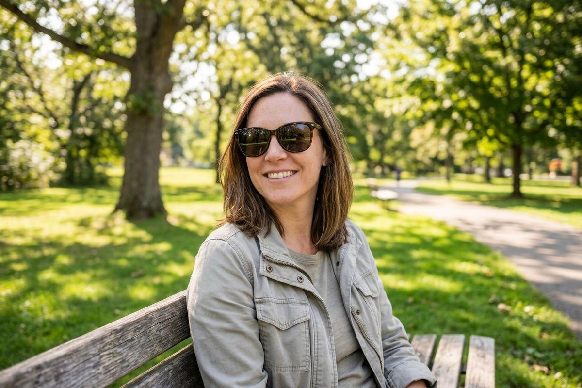 Person in sunglasses and a light jacket sits smiling on a wooden bench in a sunny park with trees, grass and a path.