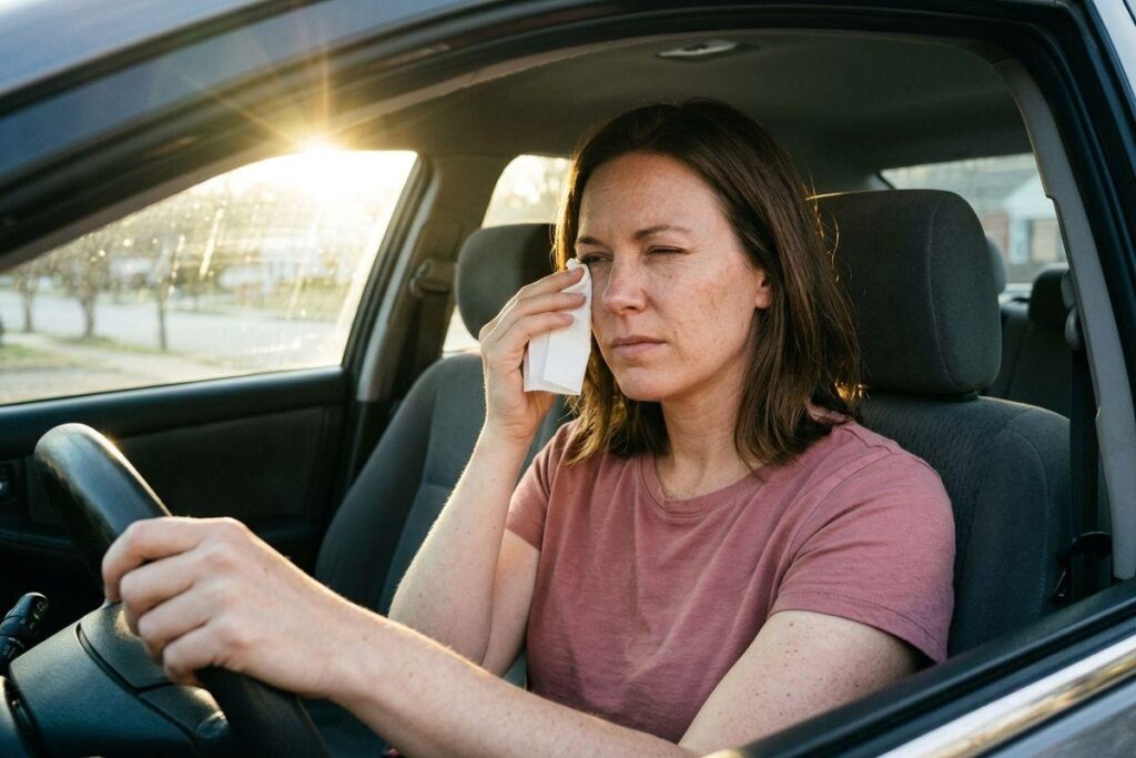 Person sitting in a car driver's seat, one hand on the steering wheel, dabbing a tissue to one closed eye.