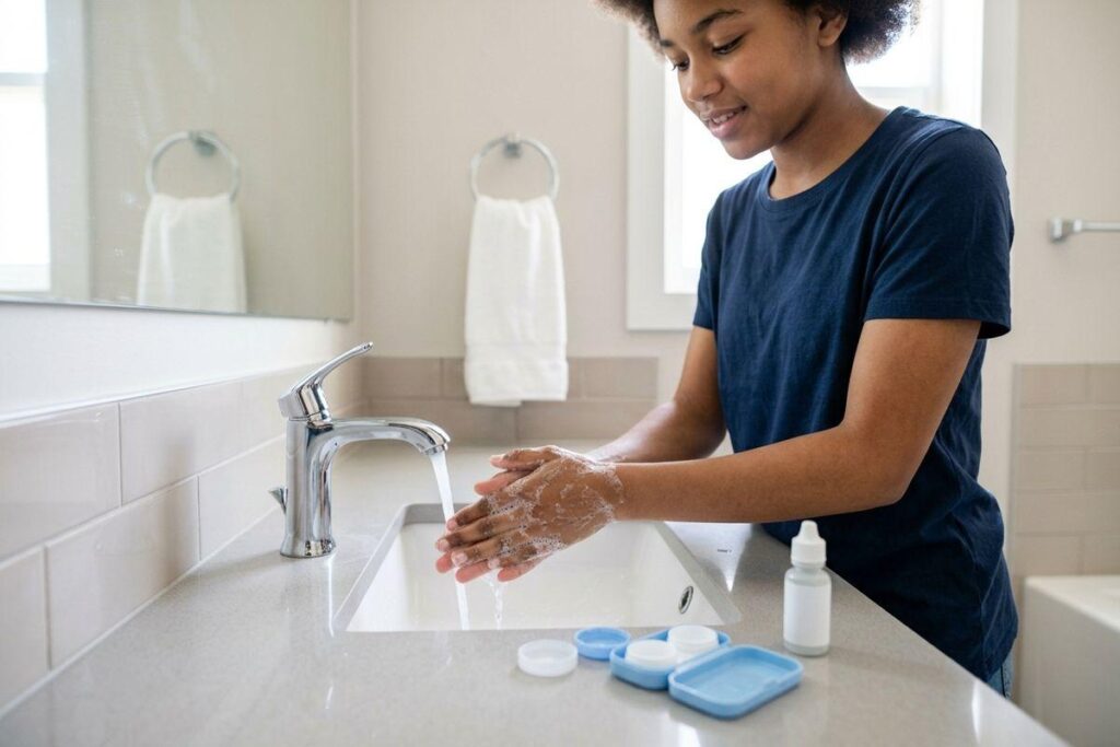 Young person smiling while washing hands with soap at a bathroom sink, with a contact lens case and solution bottle on the counter.